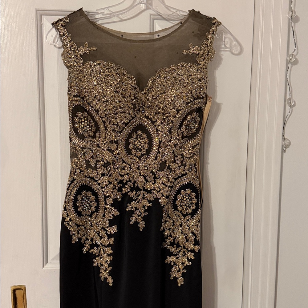 Elegant Black and Gold Embellished Prom Dress